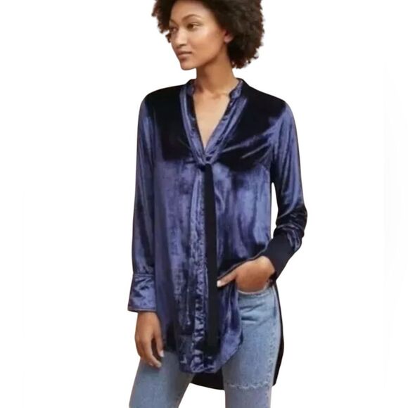 Maeve Anthropologie Blue Crushed Velvet Tunic Tie-Neck Size 2 Fairy Whimsigoth - Picture 2 of 9